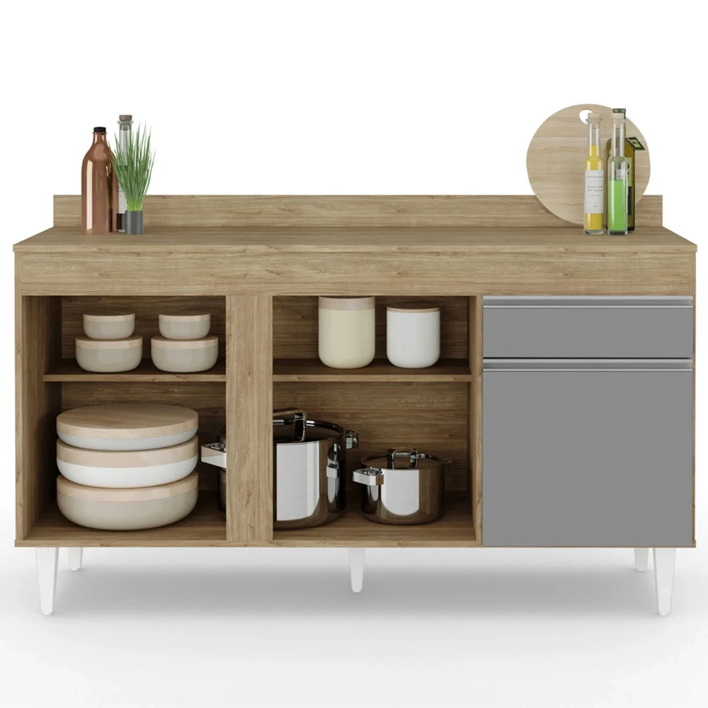 Balcão Gabinete para Pia com Tampo 150cm 3 Portas 1 Gaveta Dakota Castanho/Cinza - Lumil