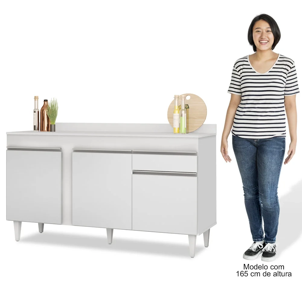 Balcão Gabinete para Pia com Tampo 150cm 3 Portas 1 Gaveta Dakota Branco - Lumil