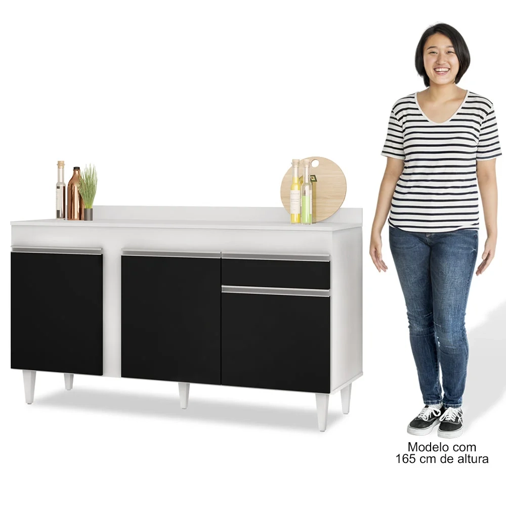 Balcão Gabinete para Pia com Tampo 150cm 3 Portas 1 Gaveta Dakota Branco/Preto - Lumil