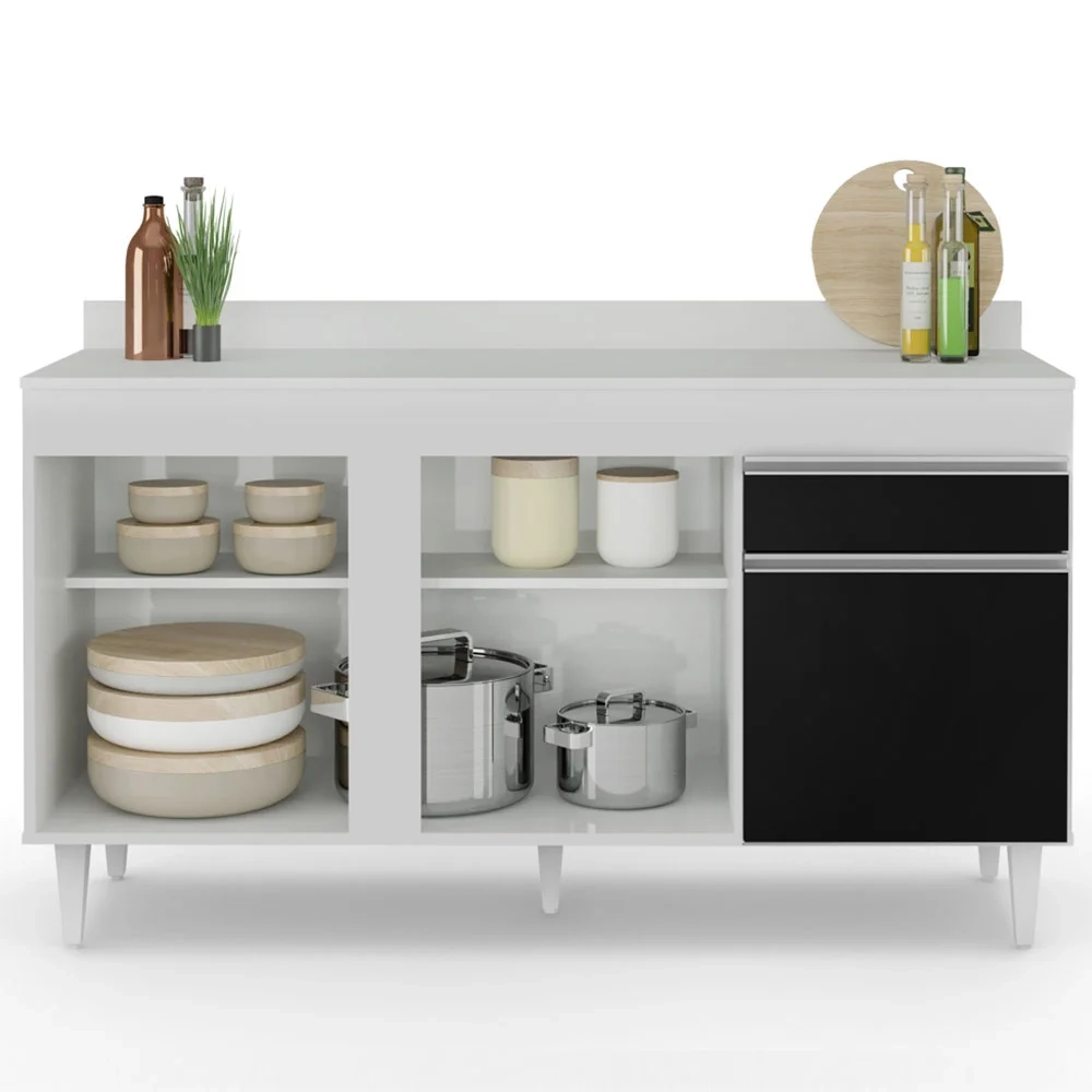 Balcão Gabinete para Pia com Tampo 150cm 3 Portas 1 Gaveta Dakota Branco/Preto - Lumil