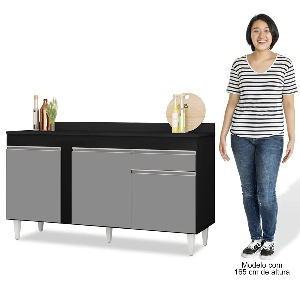 Balcão Gabinete para Pia com Tampo 150cm 3 Portas 1 Gaveta Dakota Preto/Cinza - Lumil