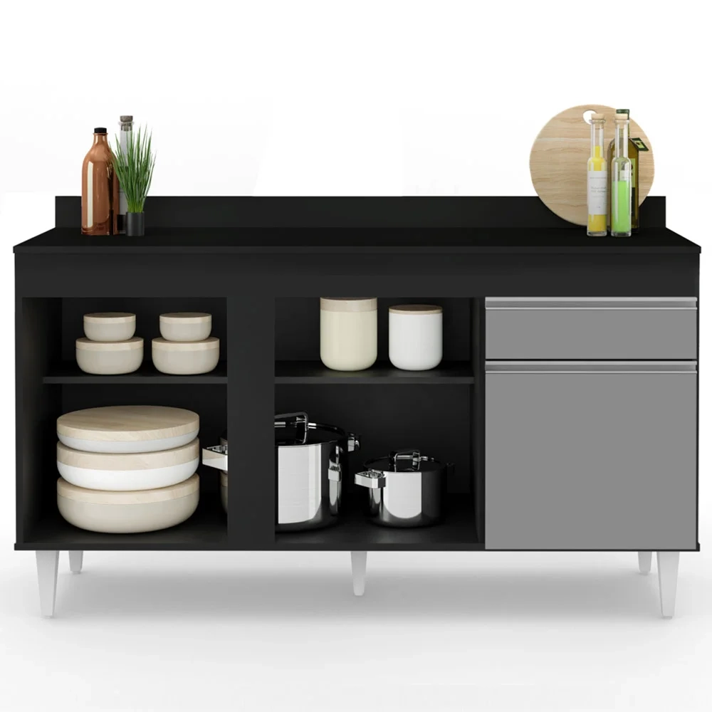 Balcão Gabinete para Pia com Tampo 150cm 3 Portas 1 Gaveta Dakota Preto/Cinza - Lumil