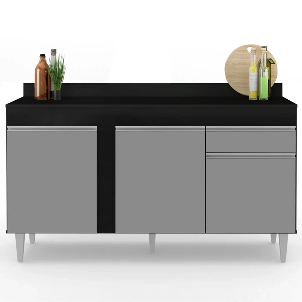 Balcão Gabinete para Pia com Tampo 150cm 3 Portas 1 Gaveta Dakota Preto/Cinza - Lumil