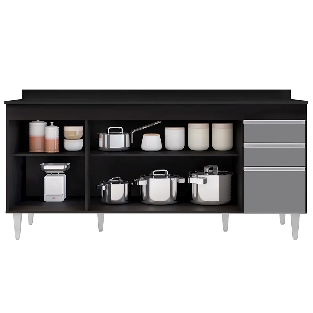 Balcão Gabinete 180cm com Tampo Dallas Preto/Cinza - Lumil