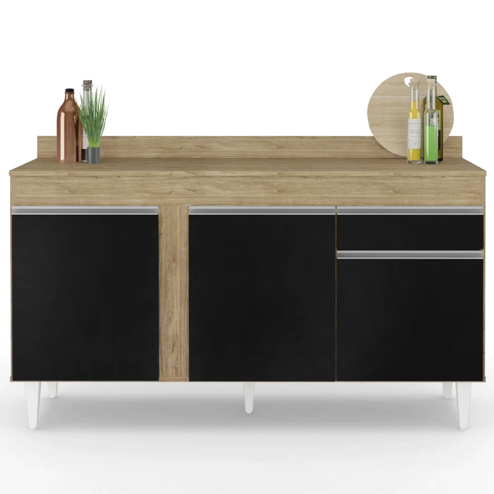 Balcão Gabinete para Pia com Tampo 150cm 3 Portas 1 Gaveta Dakota Castanho/Preto - Lumil