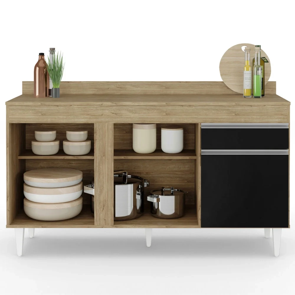 Balcão Gabinete para Pia com Tampo 150cm 3 Portas 1 Gaveta Dakota Castanho/Preto - Lumil