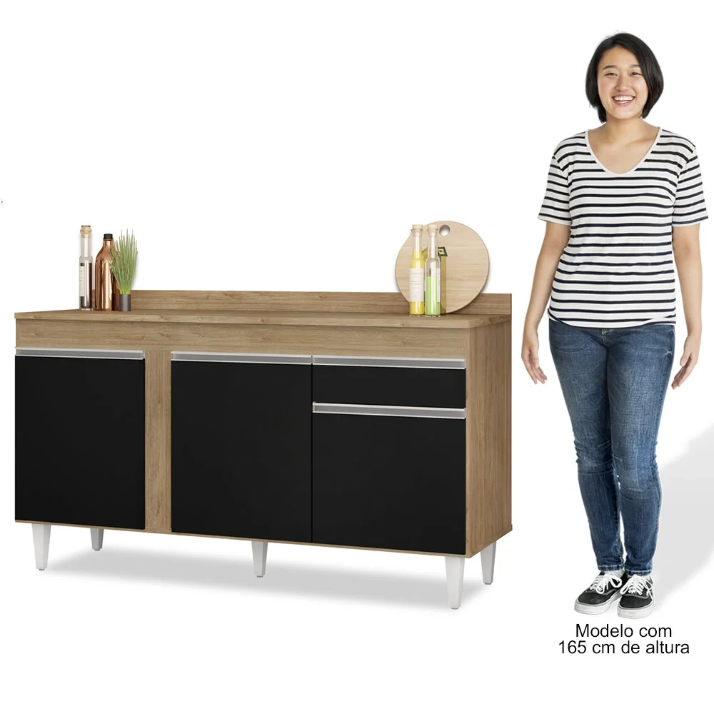 Balcão Gabinete para Pia com Tampo 150cm 3 Portas 1 Gaveta Dakota Castanho/Preto - Lumil