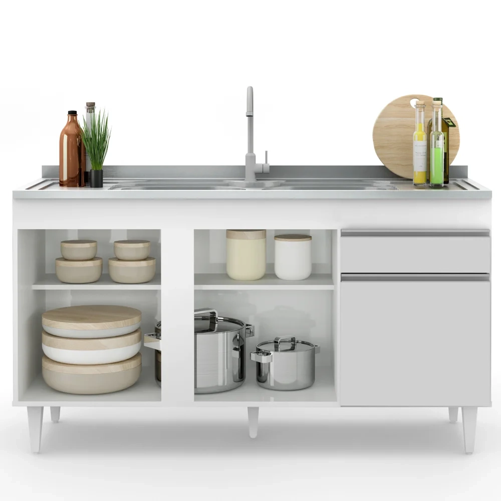 Balcão Gabinete com Pia Inox 150cm 3 Portas 1 Gaveta Dakota Branco - Lumil