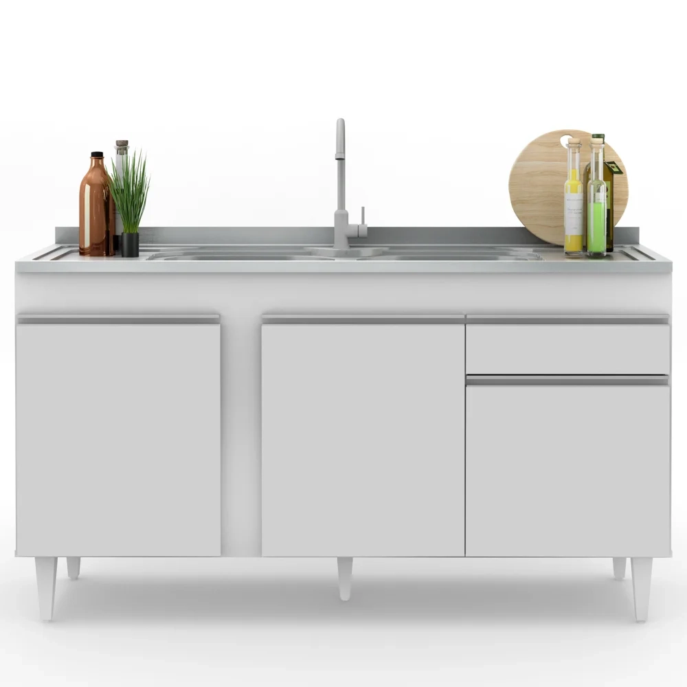Balcão Gabinete com Pia Inox 150cm 3 Portas 1 Gaveta Dakota Branco - Lumil