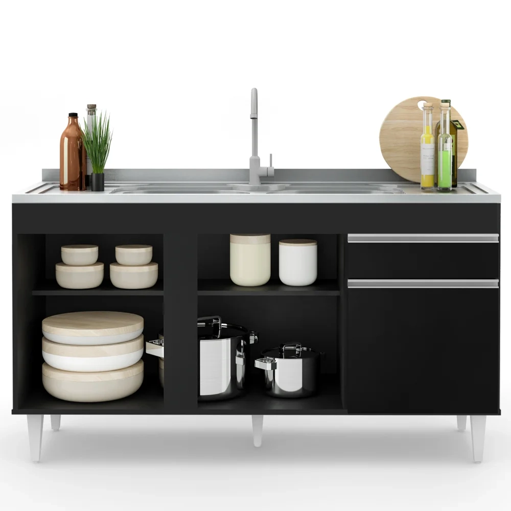 Balcão Gabinete com Pia Inox 150cm 3 Portas 1 Gaveta Dakota Preto - Lumil