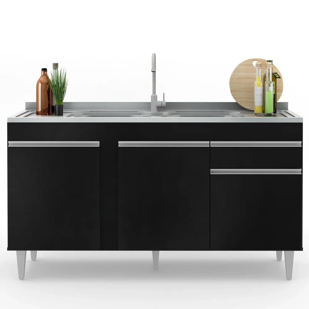 Balcão Gabinete com Pia Inox 150cm 3 Portas 1 Gaveta Dakota Preto - Lumil