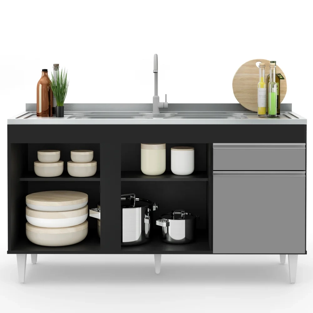 Balcão Gabinete com Pia Inox 150cm 3 Portas 1 Gaveta Dakota Preto/Cinza - Lumil