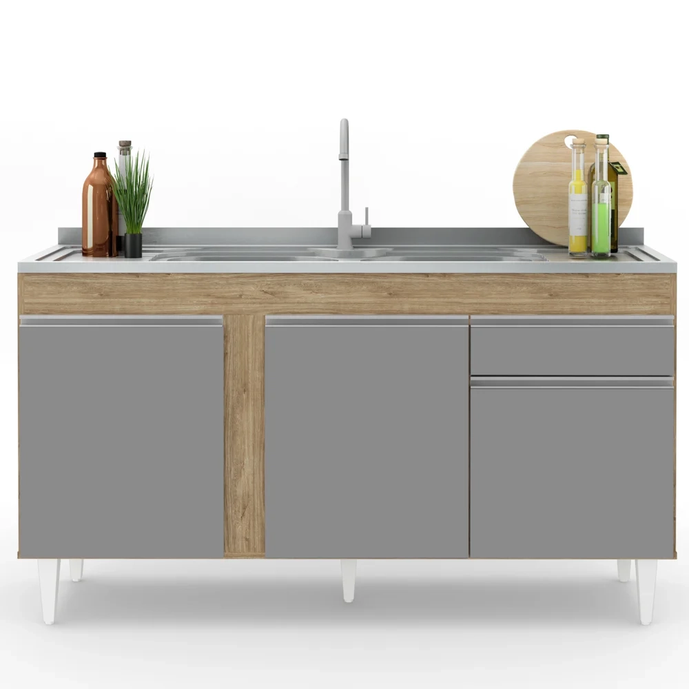 Balcão Gabinete com Pia Inox 150cm 3 Portas 1 Gaveta Dakota Castanho/Cinza - Lumil