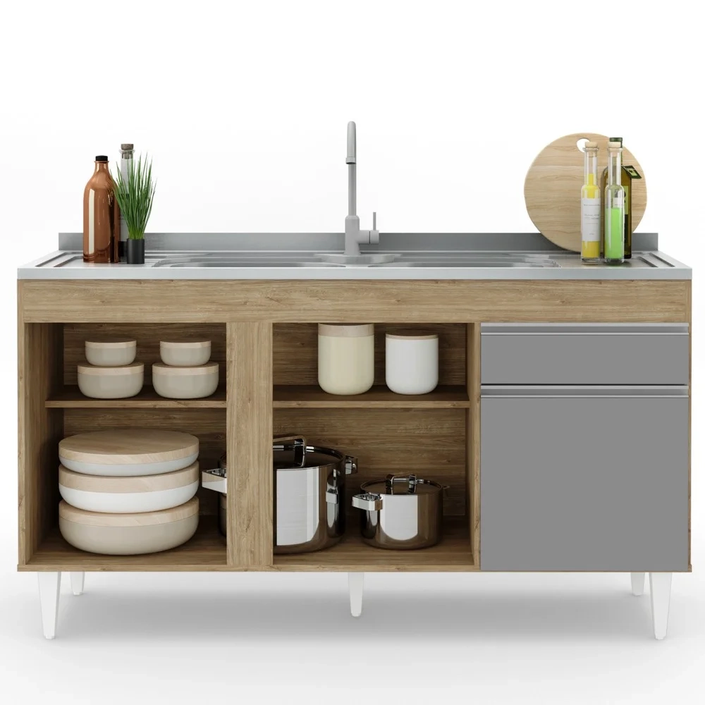 Balcão Gabinete com Pia Inox 150cm 3 Portas 1 Gaveta Dakota Castanho/Cinza - Lumil