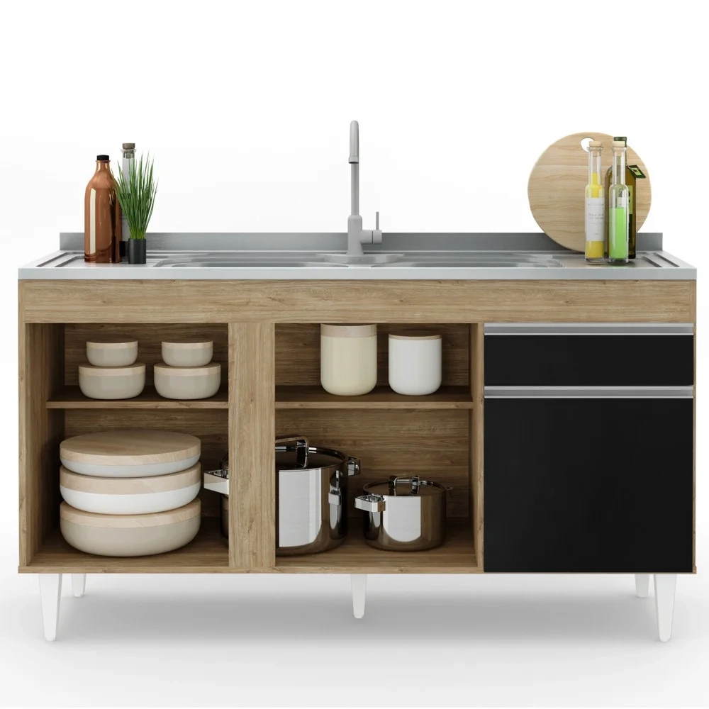 Balcão Gabinete com Pia Inox 150cm 3 Portas 1 Gaveta Dakota Castanho/Preto - Lumil