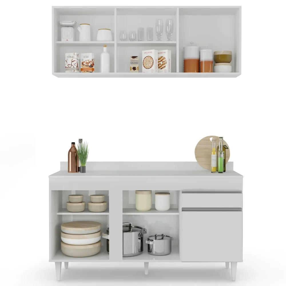 Armário Aéreo Argélia e Balcão Gabinete Para Pia com Tampo 150cm Dakota Branco - Lumil