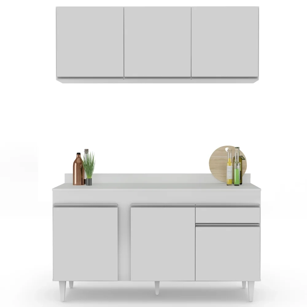 Armário Aéreo Argélia e Balcão Gabinete Para Pia com Tampo 150cm Dakota Branco - Lumil