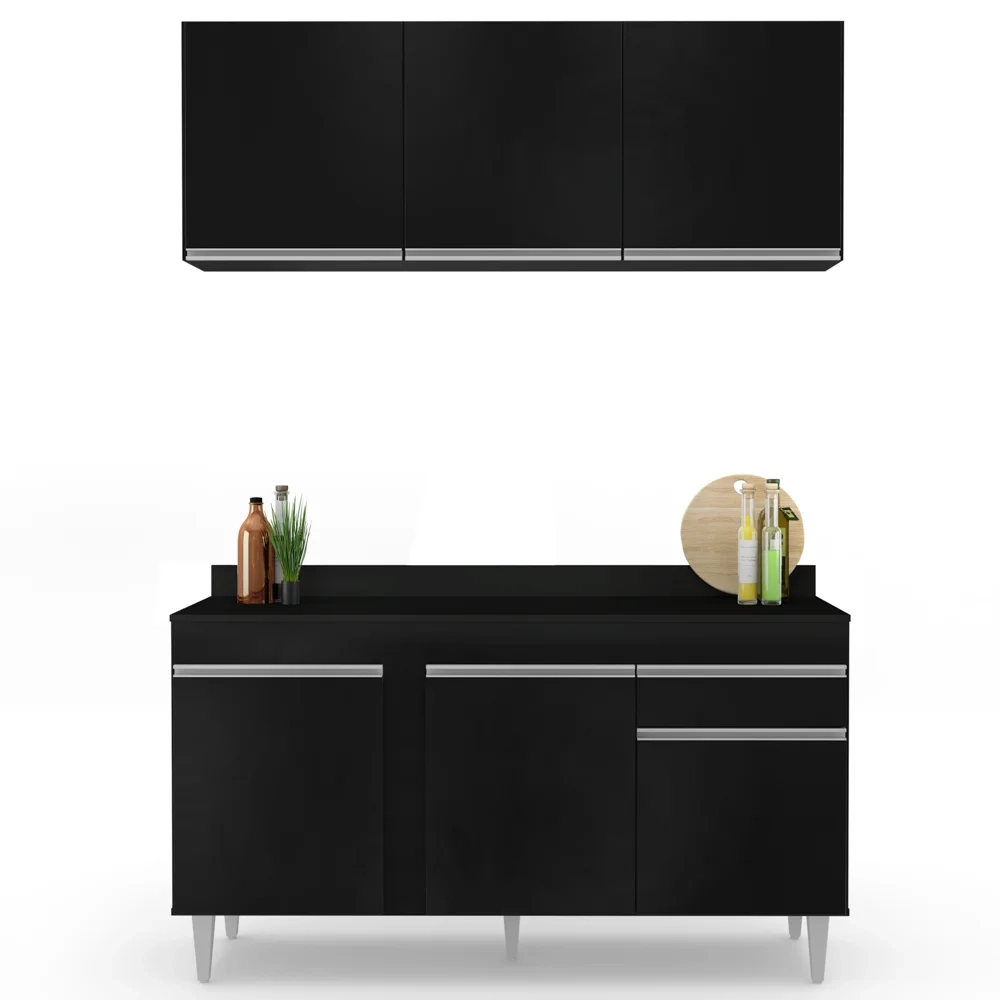 Armário Aéreo Argélia e Balcão Gabinete Para Pia com Tampo 150cm Dakota Preto - Lumil