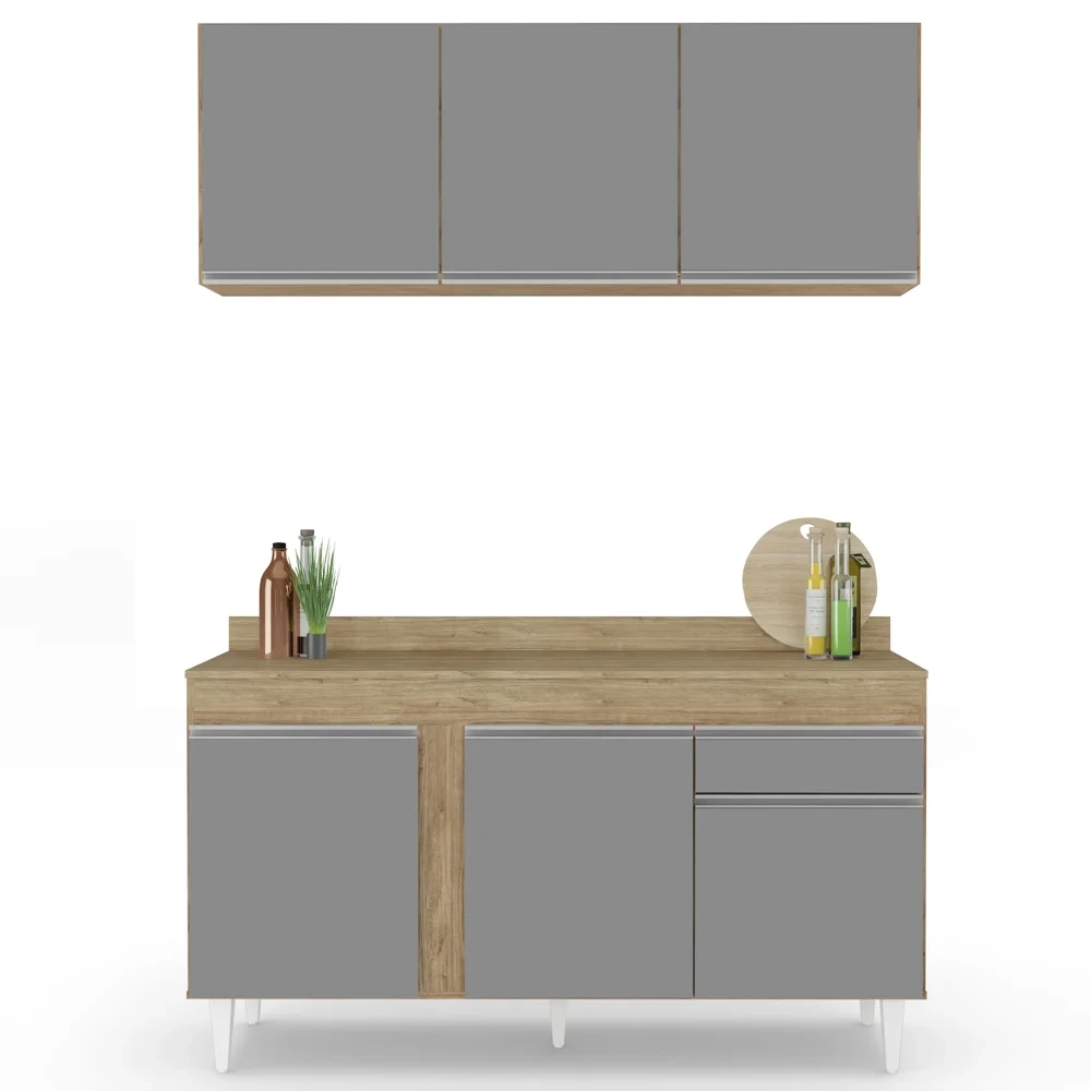 Armário Aéreo Argélia e Balcão Gabinete Para Pia com Tampo 150cm Dakota Castanho/Cinza - Lumil