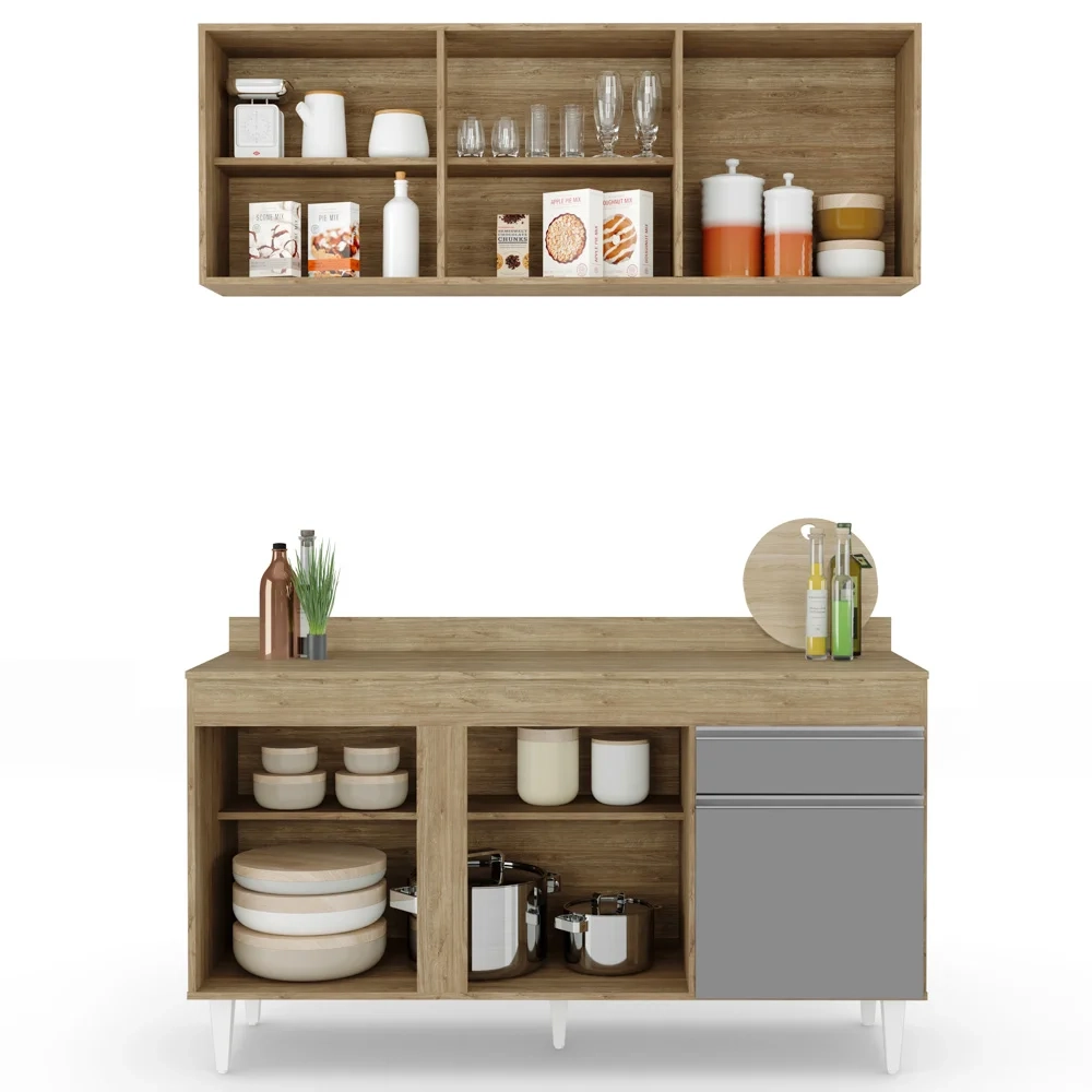 Armário Aéreo Argélia e Balcão Gabinete Para Pia com Tampo 150cm Dakota Castanho/Cinza - Lumil