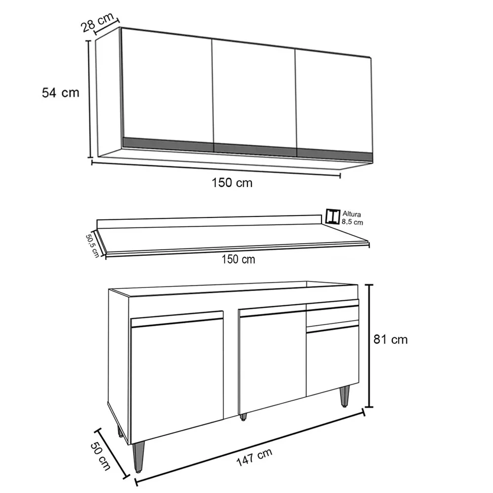 Armário Aéreo Argélia e Balcão Gabinete Para Pia com Tampo 150cm Dakota Branco/Preto- Lumil