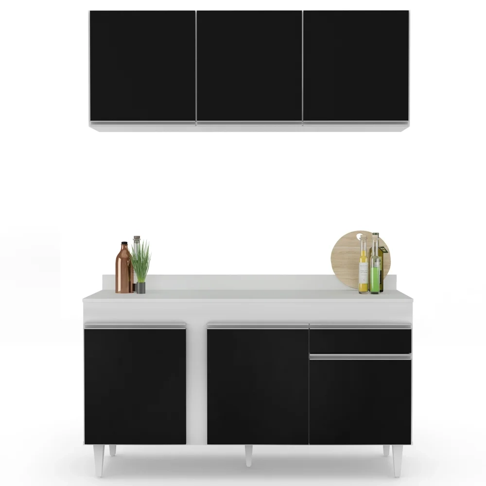 Armário Aéreo Argélia e Balcão Gabinete Para Pia com Tampo 150cm Dakota Branco/Preto- Lumil