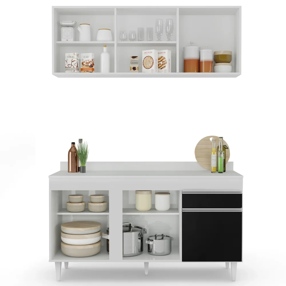 Armário Aéreo Argélia e Balcão Gabinete Para Pia com Tampo 150cm Dakota Branco/Preto- Lumil
