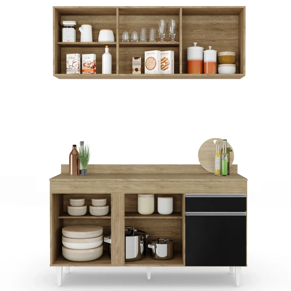 Armário Aéreo Argélia e Balcão Gabinete Para Pia com Tampo 150cm Dakota Castanho/Preto - Lumil