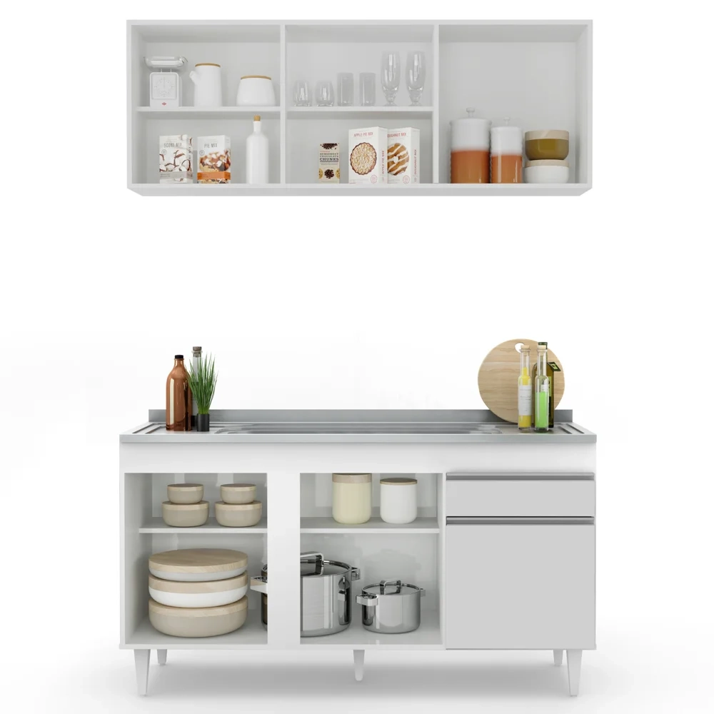 Armário Aéreo Argélia e Balcão Gabinete com Pia Inox 150cm Dakota Branco - Lumil