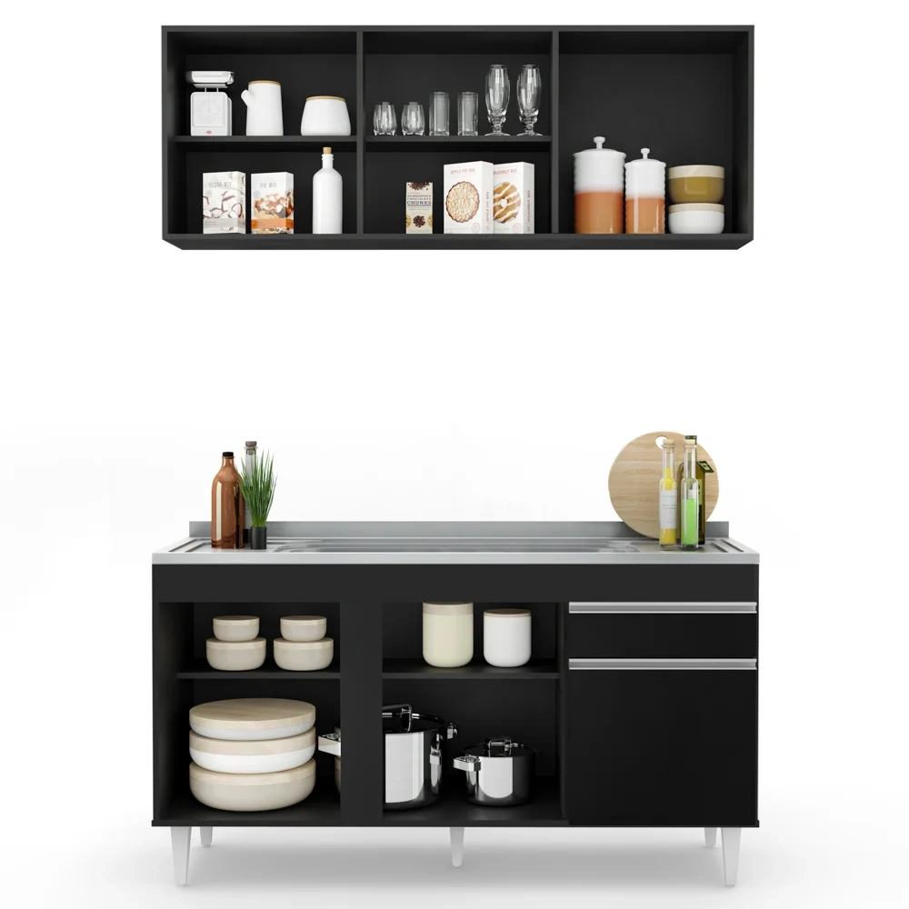 Armário Aéreo Argélia e Balcão Gabinete com Pia Inox 150cm Dakota Preto - Lumil