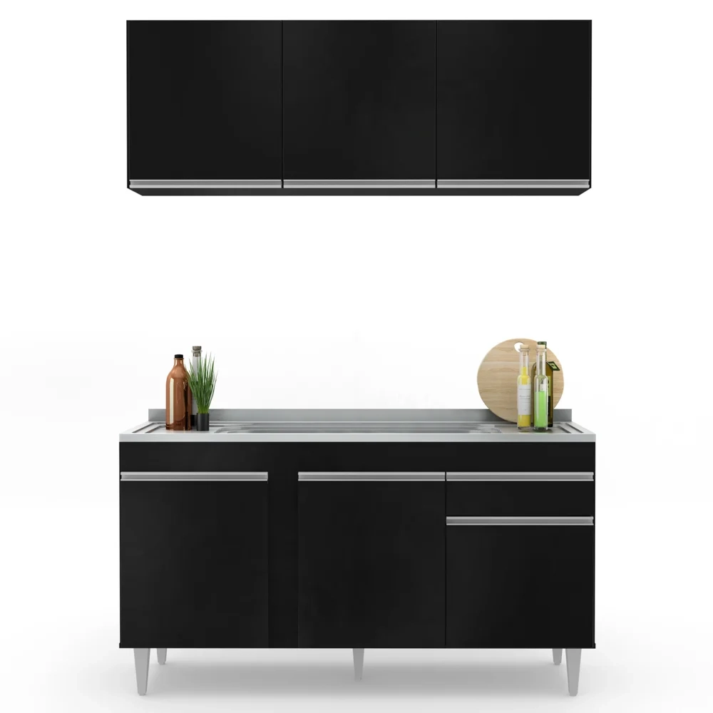 Armário Aéreo Argélia e Balcão Gabinete com Pia Inox 150cm Dakota Preto - Lumil