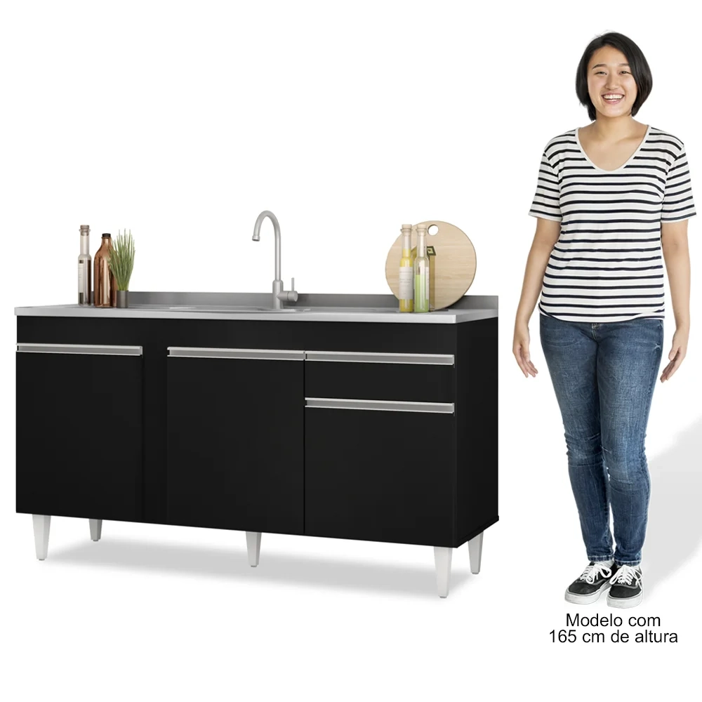 Armário Aéreo Argélia e Balcão Gabinete com Pia Inox 150cm Dakota Preto - Lumil