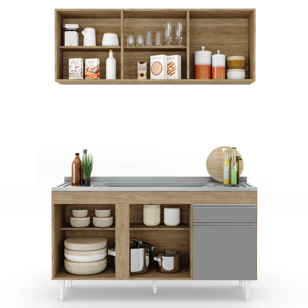 Armário Aéreo Argélia e Balcão Gabinete com Pia Inox 150cm Dakota Castanho/Cinza - Lumil