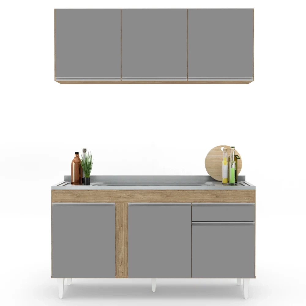 Armário Aéreo Argélia e Balcão Gabinete com Pia Inox 150cm Dakota Castanho/Cinza - Lumil