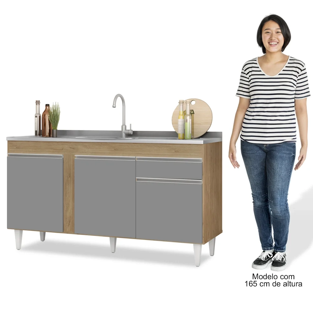 Armário Aéreo Argélia e Balcão Gabinete com Pia Inox 150cm Dakota Castanho/Cinza - Lumil