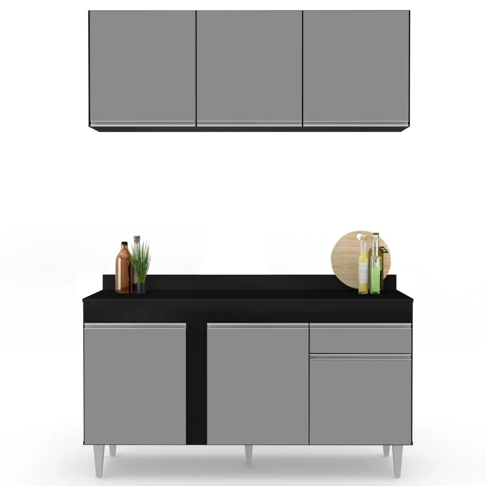 Armário Aéreo Argélia e Balcão Gabinete Para Pia com Tampo 150cm Dakota Preto/Cinza - Lumil