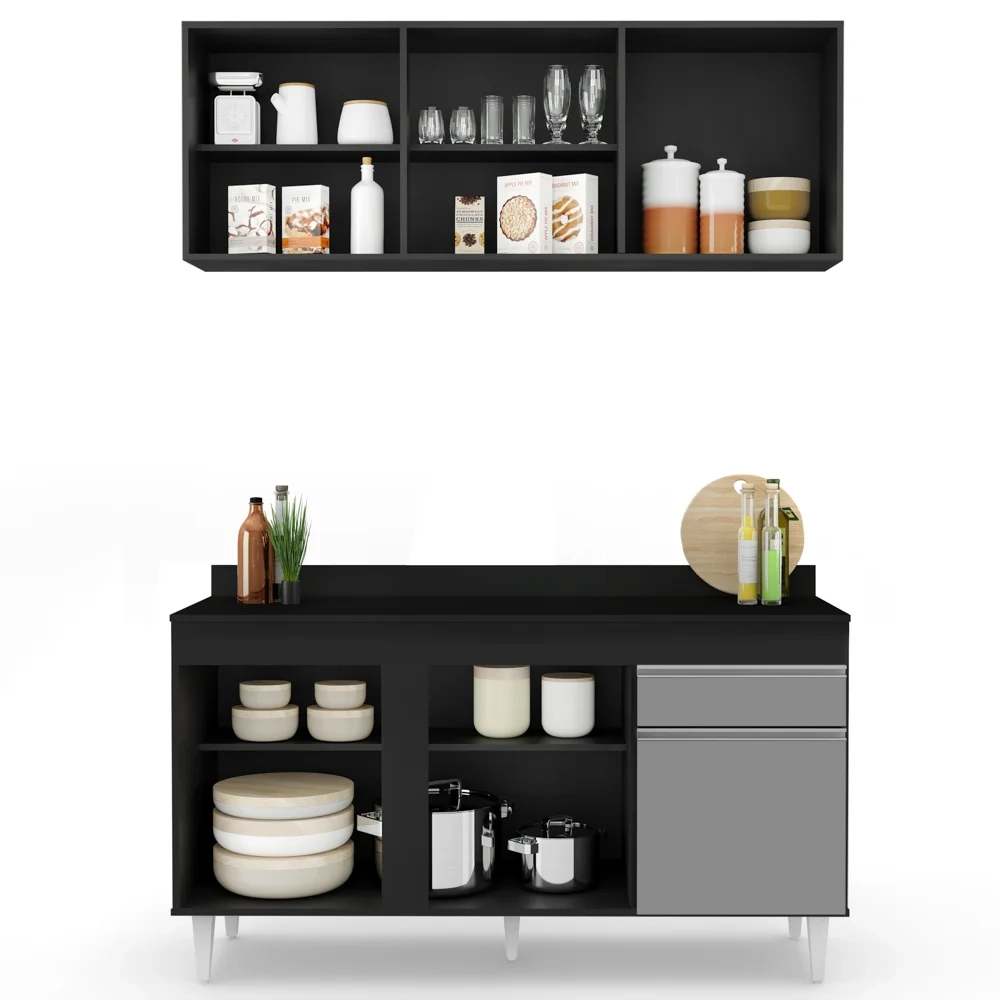 Armário Aéreo Argélia e Balcão Gabinete Para Pia com Tampo 150cm Dakota Preto/Cinza - Lumil