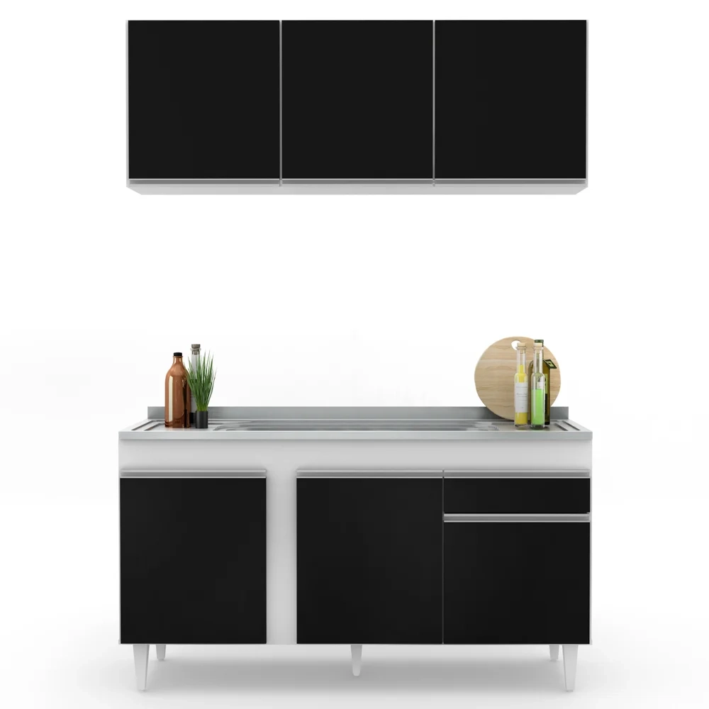 Armário Aéreo Argélia e Balcão Gabinete com Pia Inox 150cm Dakota Branco/Preto - Lumil