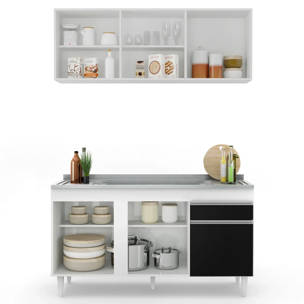 Armário Aéreo Argélia e Balcão Gabinete com Pia Inox 150cm Dakota Branco/Preto - Lumil