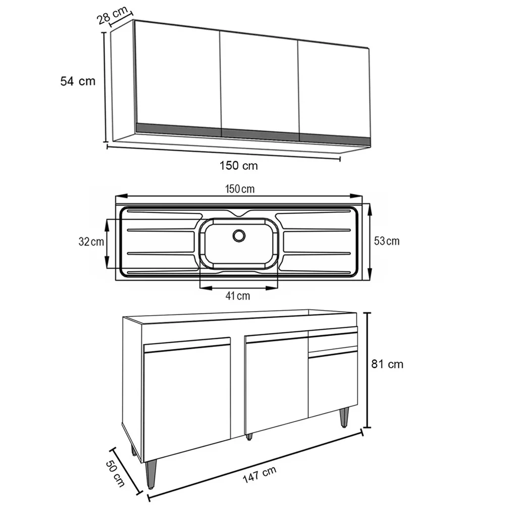 Armário Aéreo Argélia e Balcão Gabinete com Pia Inox 150cm Dakota Preto/Cinza - Lumil