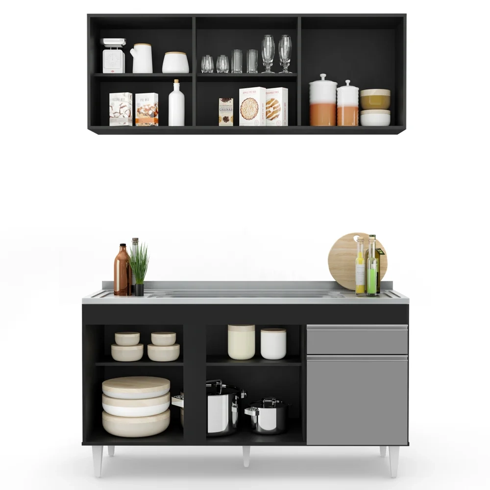 Armário Aéreo Argélia e Balcão Gabinete com Pia Inox 150cm Dakota Preto/Cinza - Lumil