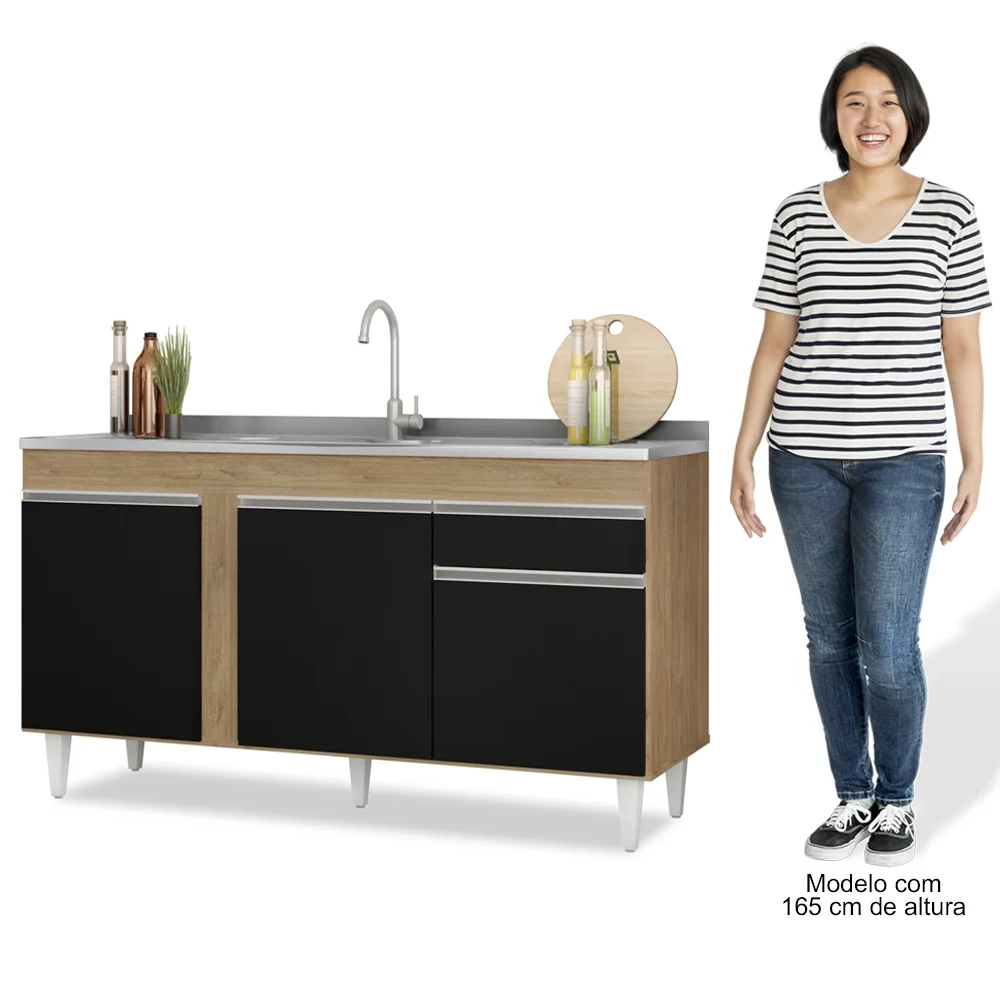 Armário Aéreo Argélia e Balcão Gabinete com Pia Inox 150cm Dakota Castanho/Preto - Lumil