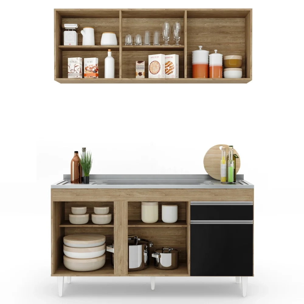 Armário Aéreo Argélia e Balcão Gabinete com Pia Inox 150cm Dakota Castanho/Preto - Lumil