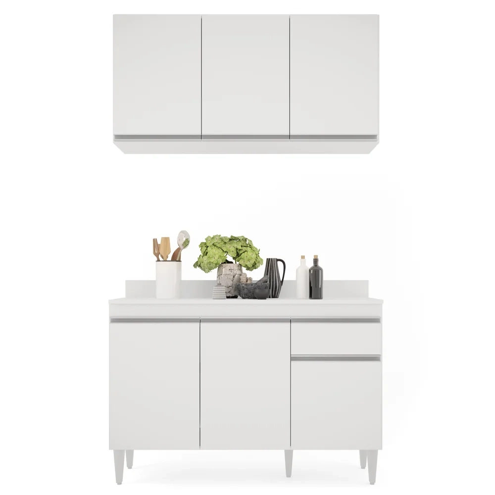 Armário Aéreo Virgínia e Balcão com Tampo 120cm Arizona Branco - Lumil