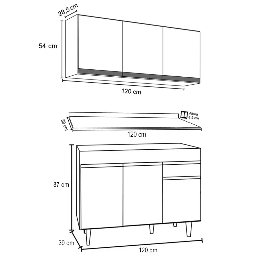 Armário Aéreo Virgínia e Balcão com Tampo 120cm Arizona Branco - Lumil