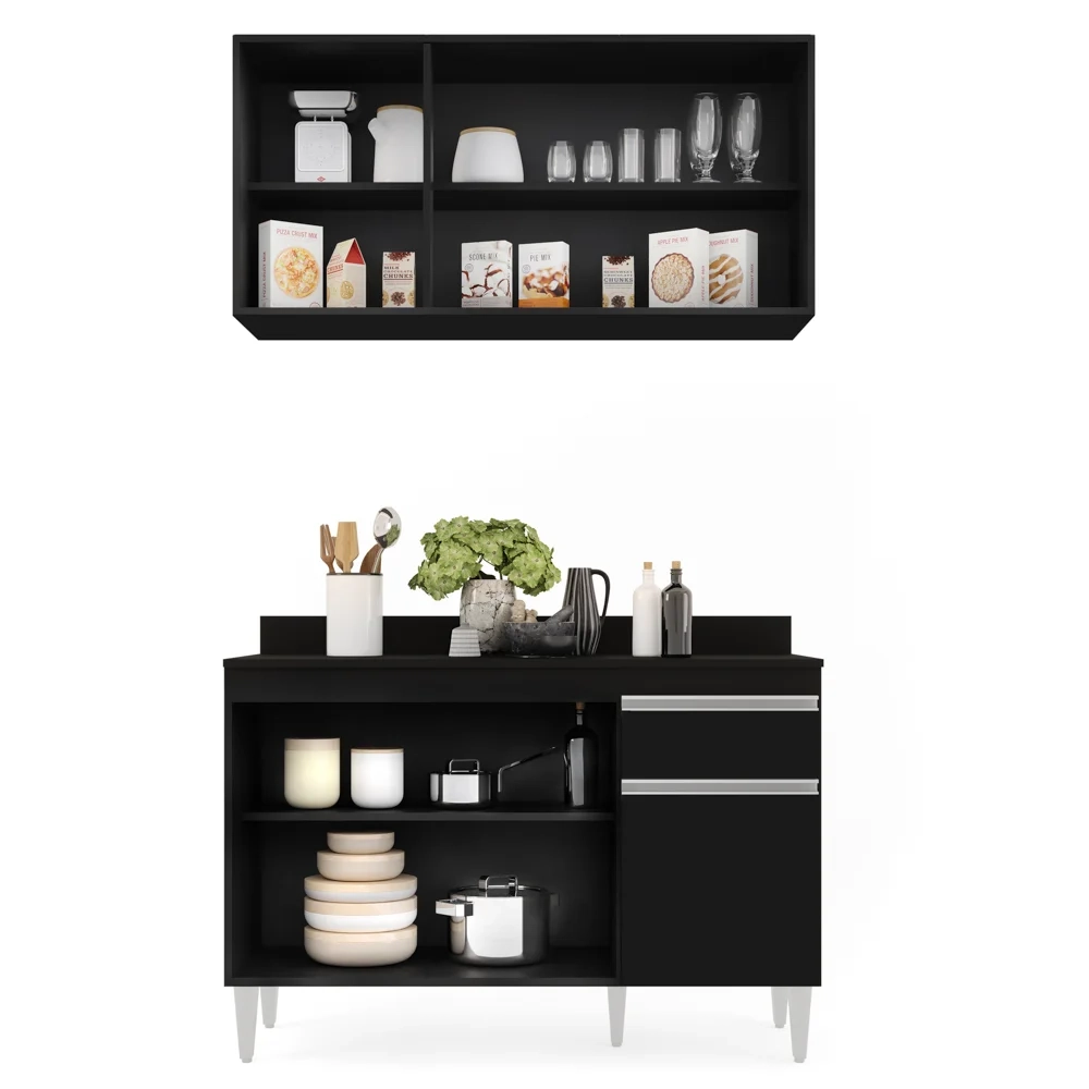 Armário Aéreo Virgínia e Balcão com Tampo 120cm Arizona Preto - Lumil