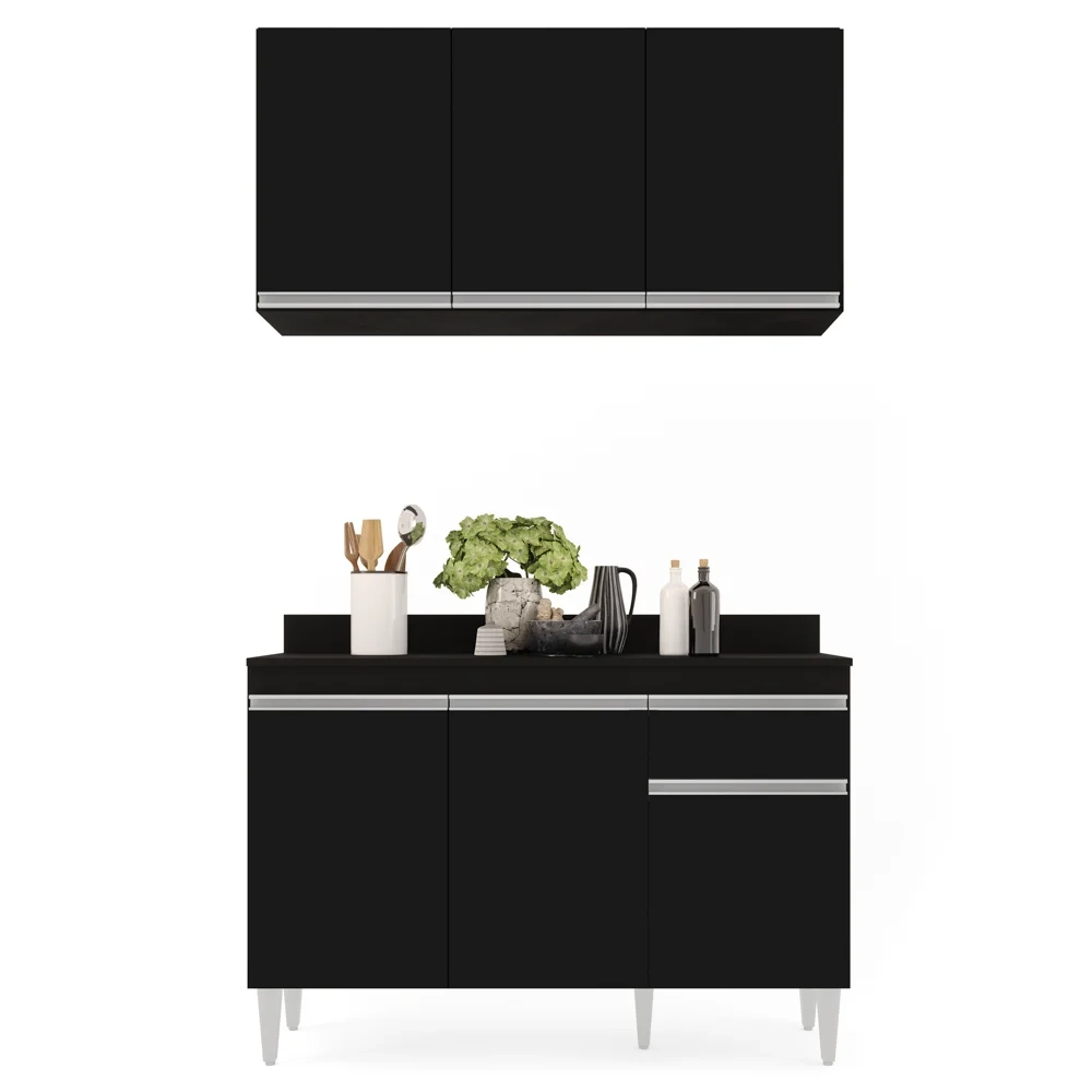 Armário Aéreo Virgínia e Balcão com Tampo 120cm Arizona Preto - Lumil