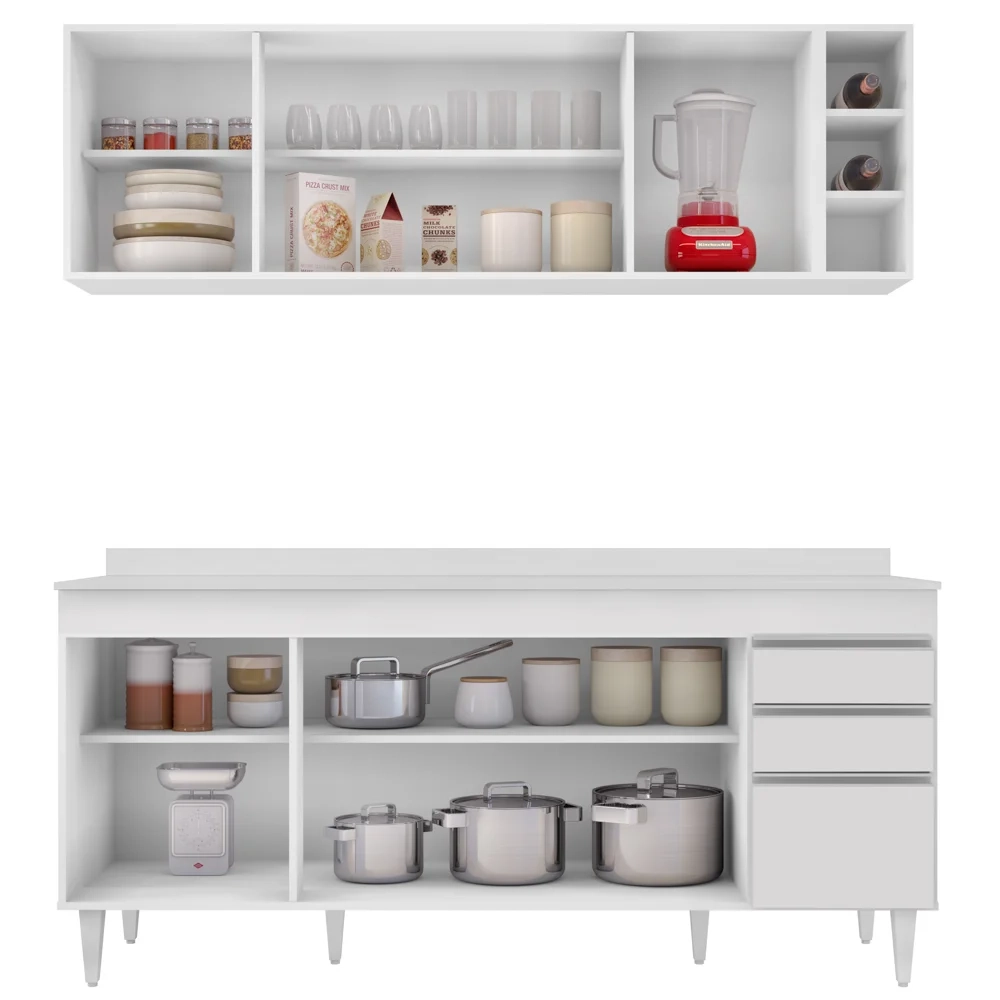 Armário Aéreo Nevada e Balcão 180cm com Tampo Dallas Branco - Lumil