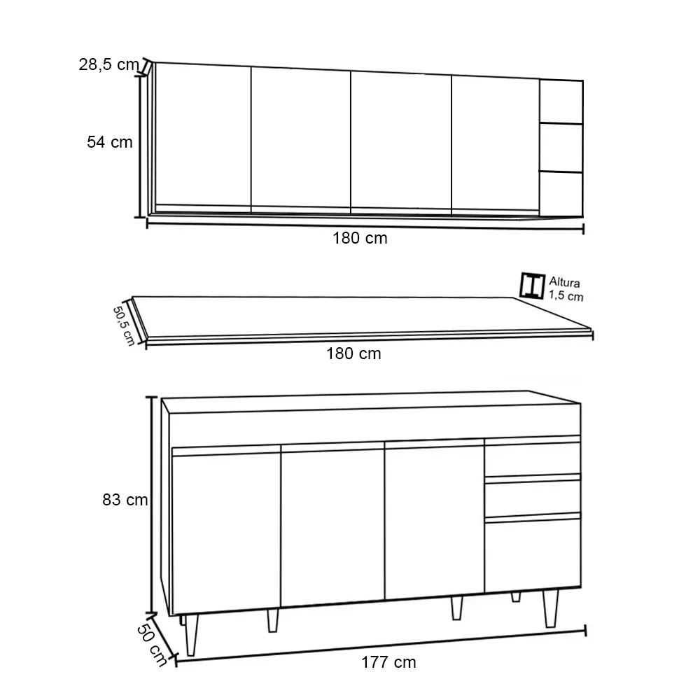 Armário Aéreo Nevada e Balcão 180cm com Tampo Dallas Branco - Lumil