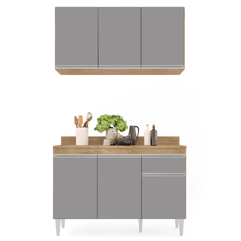 Armário Aéreo Virgínia e Balcão com Tampo 120cm Arizona Castanho/Cinza - Lumil